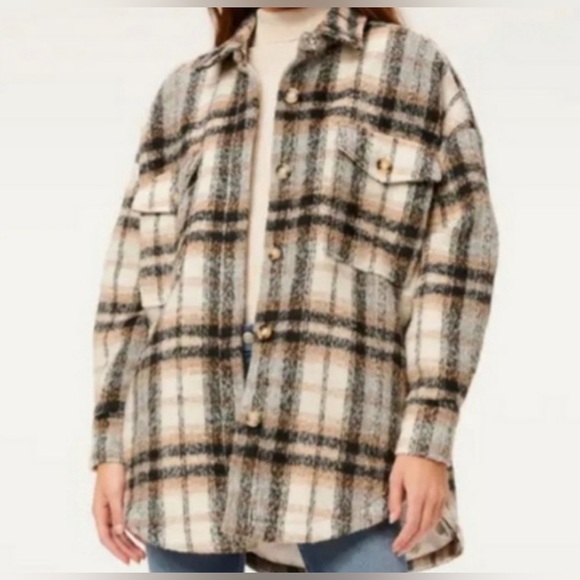 GOOD AMERICAN Neutral Plaid Shacket/Jacket NWT Oversized 3/4 - Picture 1 of 2